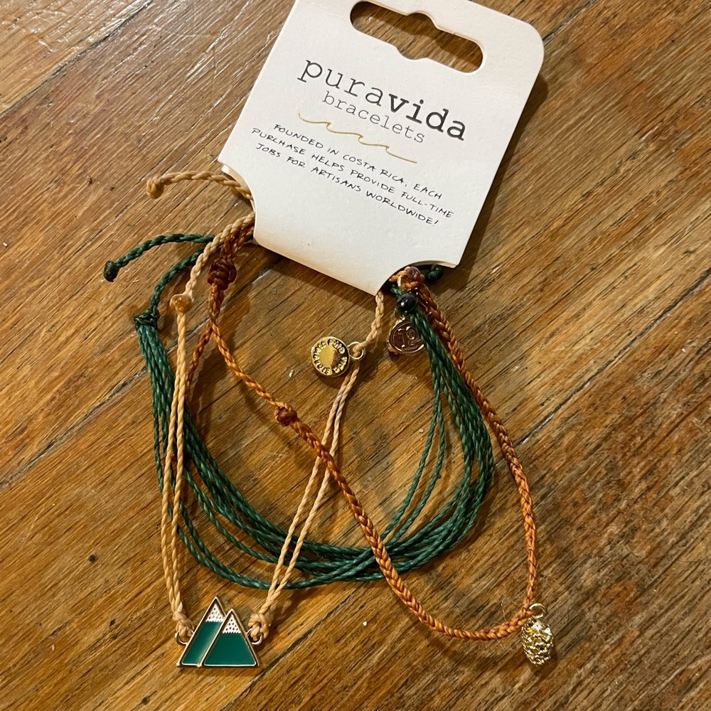 Pura Vida | Gold and Green Bracelet Trio with Pinecone and Mountain
